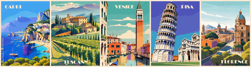 Set of Italy Travel Destination Posters in retro style. Pisa, Venice, Tuscany landscape prints. Exotic summer vacation, holidays concept. Vintage vector colorful illustrations.