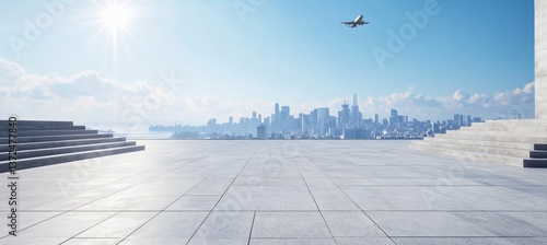 Empty square floor with modern architecture and city skyline background