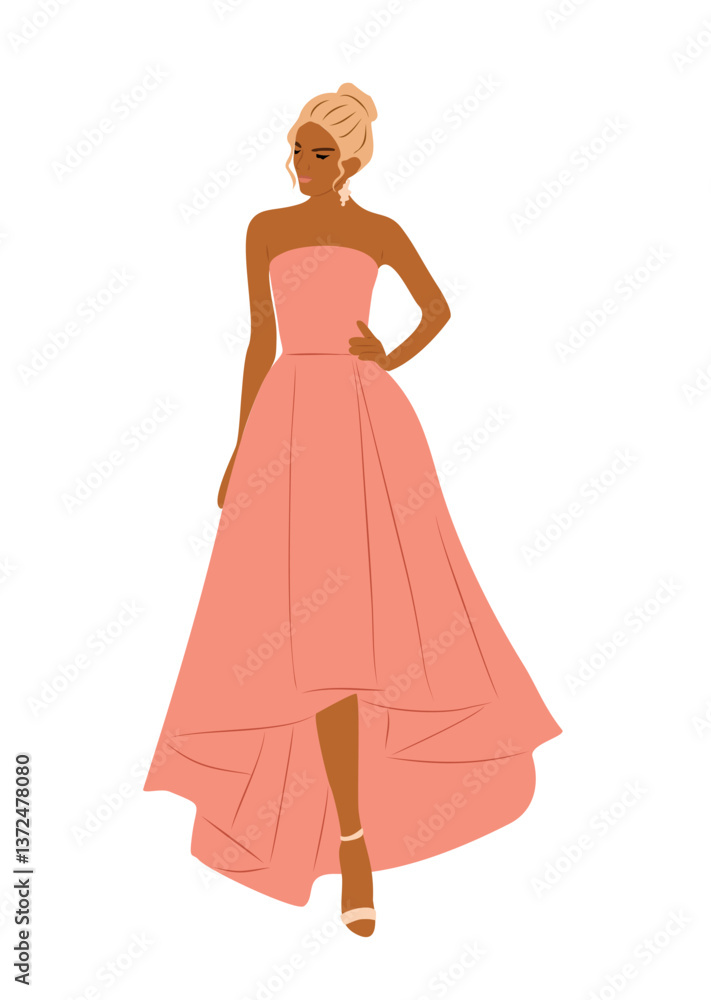 Fototapeta premium Beautiful Woman in peach fashion dress for evening or cocktail party, event. Pretty blond girl wearing stylish luxury clothes. Vector illustration isolated