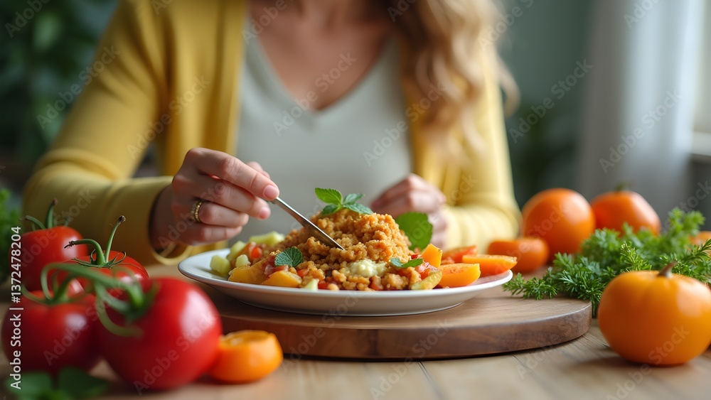 A woman eats a colorful, nutritious dish of vegetables with tomatoes and persimmons at a table. A woman eats a colorful, nutritious dish of vegetables with tomatoes and persimmons at a table.