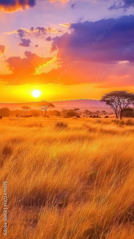 Fototapeta premium Vibrant Sunset Over Savannah Landscape