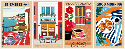 The four images are all about coffee and the different ways it can be enjoyed. The first image shows a cafe with a view of the ocean, while the second image features a cozy living room with a cat