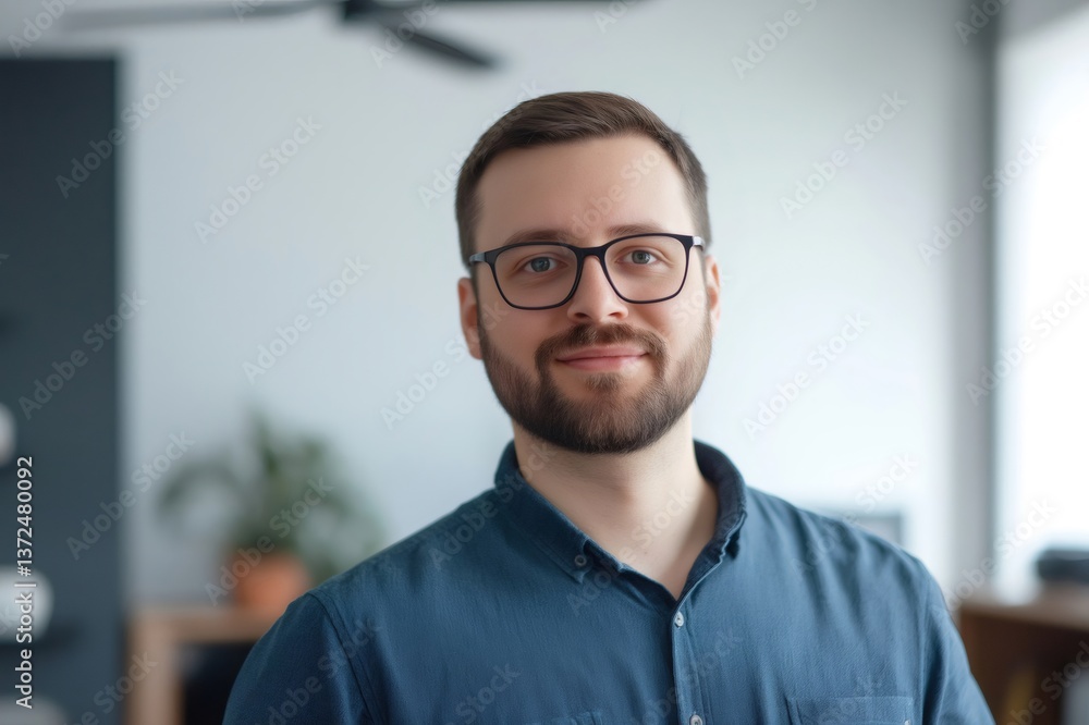 Confident businessman with glasses and a beard, smiling while seated in a stylish modern office, exuding professionalism and success Confident businessman with glasses and a beard, smiling while seated in a stylish modern office, exuding professionalism and success