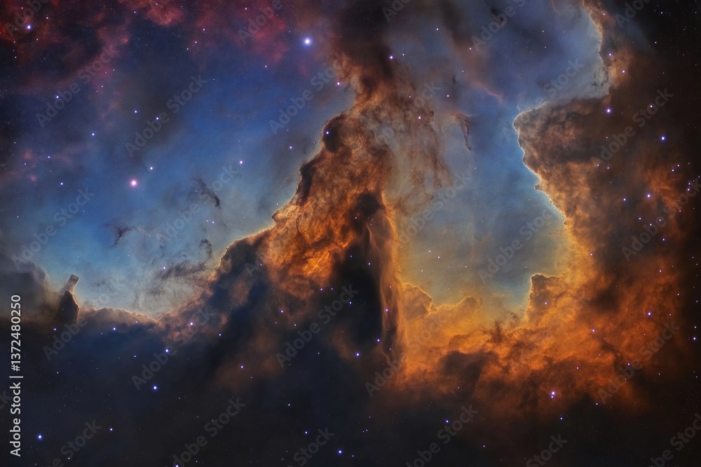 Fototapeta premium Colorful nebula radiating with fiery reds and deep blues, illuminating the vastness of the universe in a breathtaking cosmic display