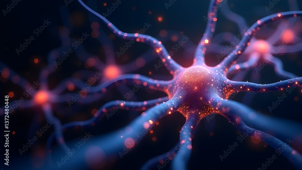 Illustration of interconnected neural network, depicting brain cells, synapses, and neural connections. Illustration of interconnected neural network, depicting brain cells, synapses, and neural connections.