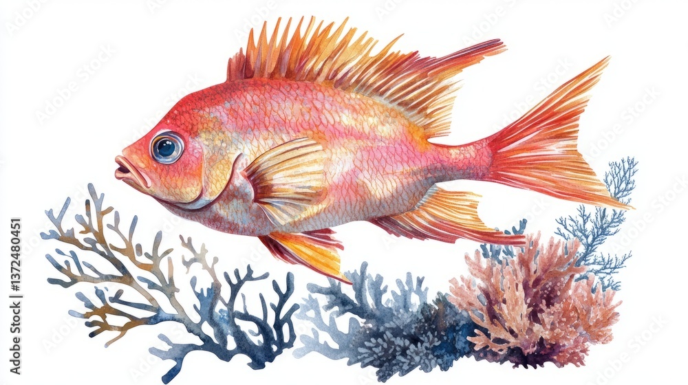 Fototapeta premium Tropical fish swimming near coral in 3D watercolor