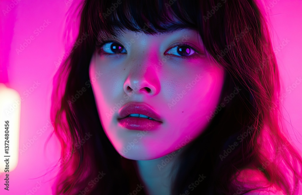 A conceptual image of an Asian woman with black shoulder-length hair and bangs, illuminated by red-pink neon light, her expression smooth and unreadable, hinting at deep thoughts. A conceptual image of an Asian woman with black shoulder-length hair and bangs, illuminated by red-pink neon light, her expression smooth and unreadable, hinting at deep thoughts.