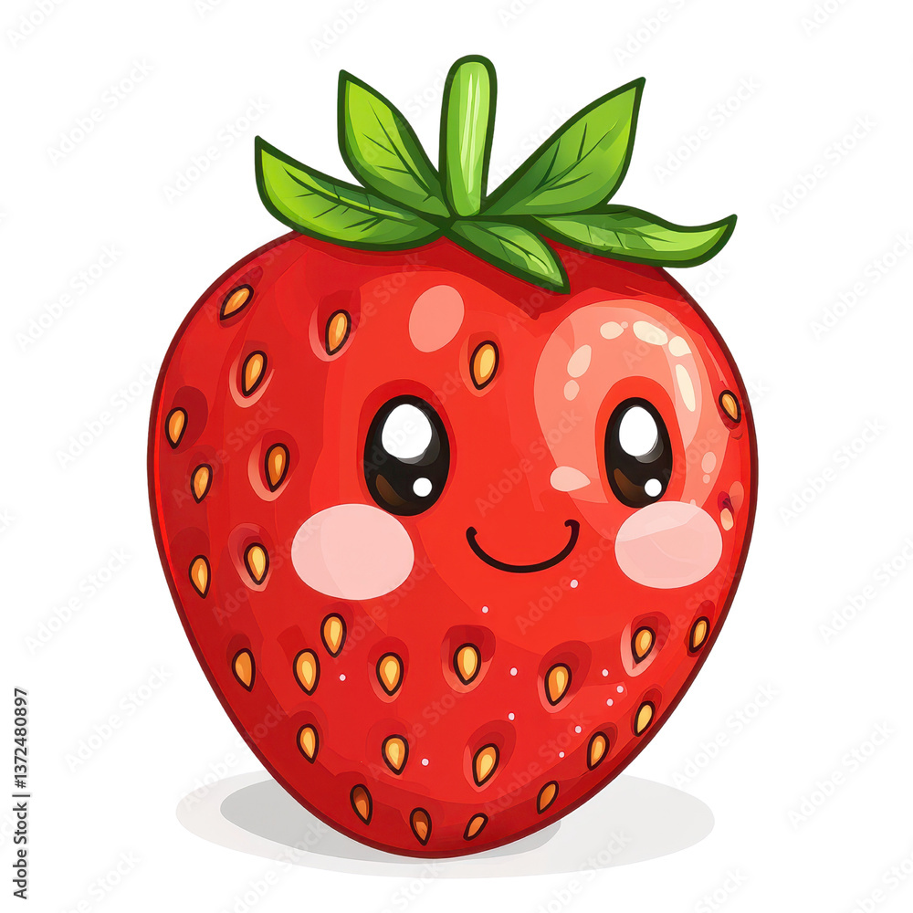 Obraz premium Cute Cartoon Strawberry Character Smiling with Bright Green Leaves