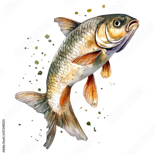 A watercolor vector of a carp, isolated on a white background. Carp vector.

