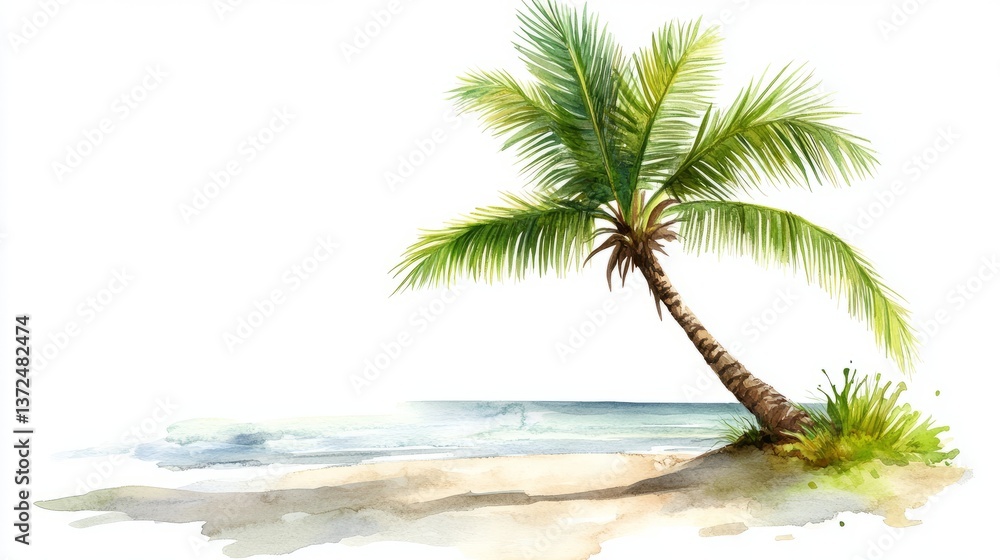 Obraz premium Palm tree on sandy beach in clipart style