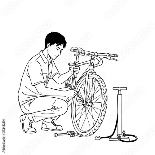 Bicycle Tire Repairer Fixing Flat – Local Service Vector Illustration