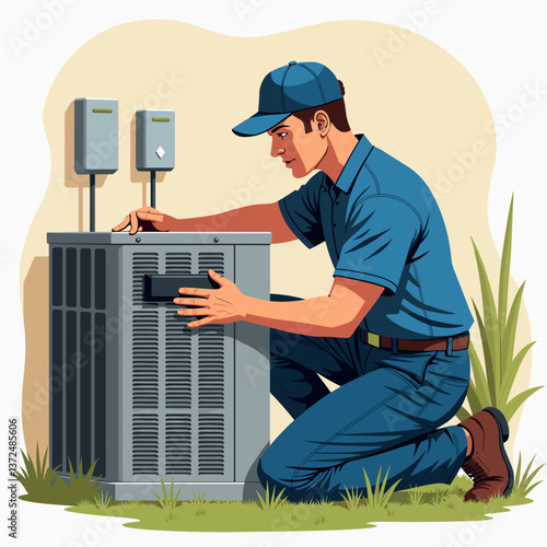 Maintenance technician examining air conditioner unit