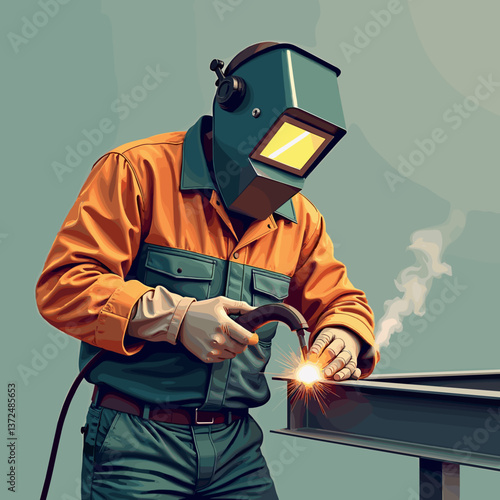 Welder working with a welding torch against a light background