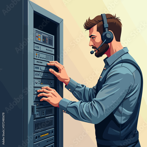 Technician adjusting server equipment in a data center