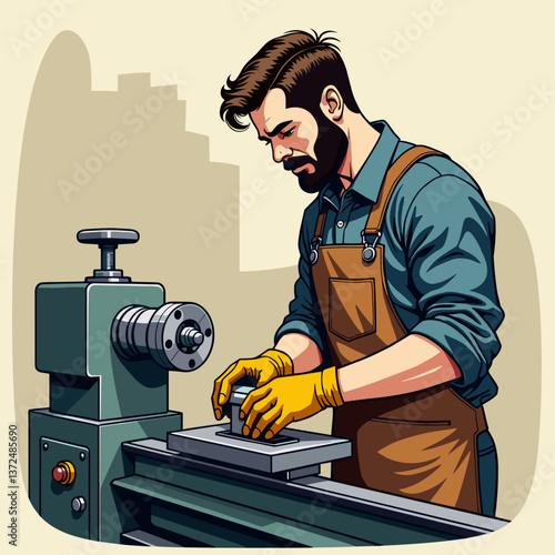 Male worker focused on machining process in workshop