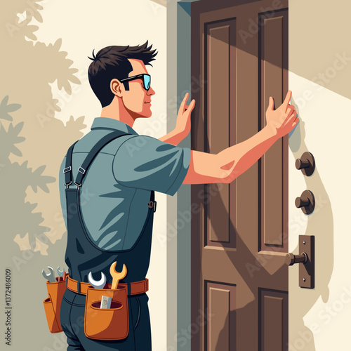 Man knocking on door with tools in apron