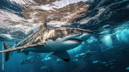 Powerful Great White Shark in Ocean Depths, Underwater Waves and School of Fish