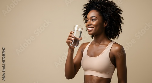 A radiant young woman joyfully drinks refreshing water, embracing a healthy lifestyle against a soft beige backdrop.