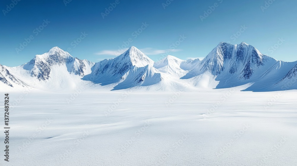 A pristine, snow-covered mountain range stretches into the horizon, with sharp peaks and deep crevices visible between them under clear blue skies A pristine, snow-covered mountain range stretches into the horizon, with sharp peaks and deep crevices visible between them under clear blue skies