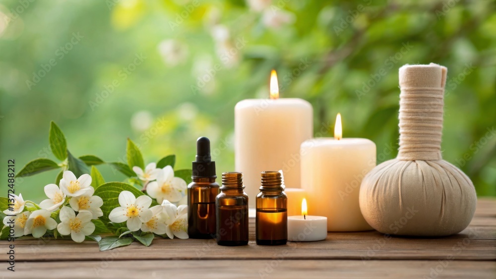 summer spa vacation concept A serene arrangement of candles, essential oils, and flowers on a wooden surface, evoking relaxation and tranquility. summer spa vacation concept A serene arrangement of candles, essential oils, and flowers on a wooden surface, evoking relaxation and tranquility.