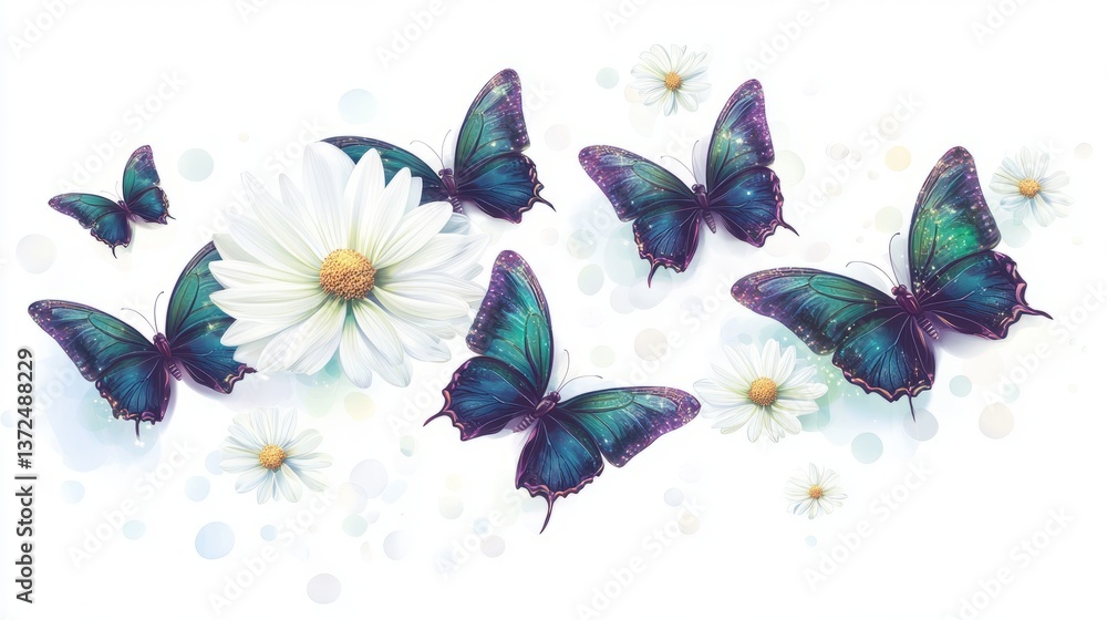6 graceful butterflies with intricate teal and purple wings and daisies in lively flat 6 graceful butterflies with intricate teal and purple wings and daisies in lively flat