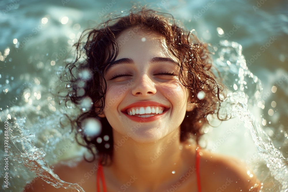 Bright Ñommercial style. Summer fun in the sea. Happy stress-free trip getaway concept art. Pretty and hot happy middle eastern young woman in red enjoying turquoise sea, splashes around h. Bright Ñommercial style. Summer fun in the sea. Happy stress-free trip getaway concept art. Pretty and hot happy middle eastern young woman in red enjoying turquoise sea, splashes around h.