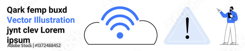 wireless cloud signal icon, caution alert triangle, person pointing. Ideal for technology, cloud computing, digital safety, communication, online services, user interaction simple landing page