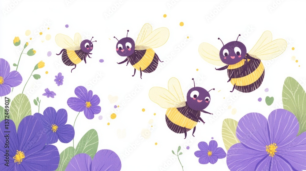 Lively flat 6 cheerful bees with violets Lively flat 6 cheerful bees with violets