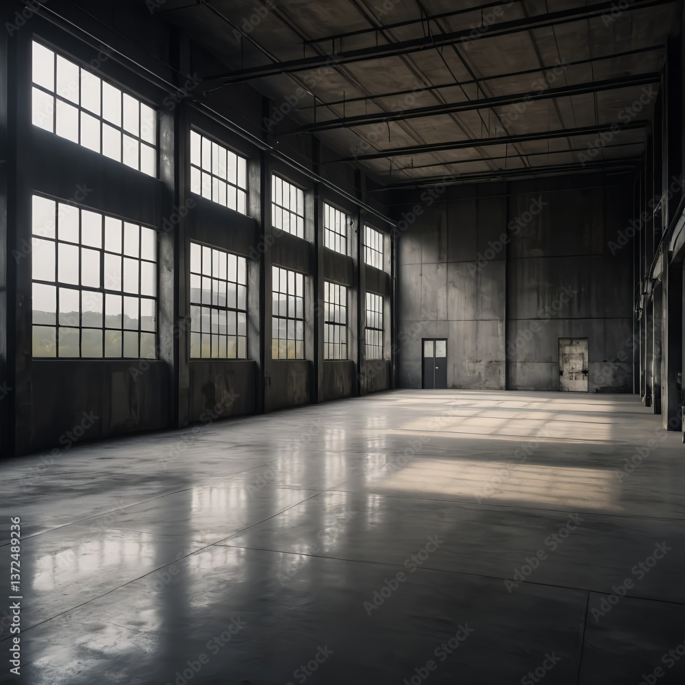 Industrial Warehouse Interior with Large Windows and Polished Concrete Floor Industrial Warehouse Interior with Large Windows and Polished Concrete Floor