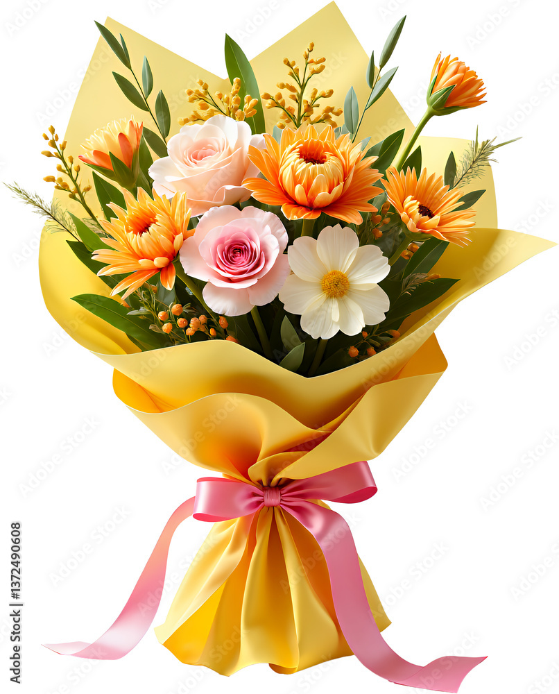 Floral Bouquet, Roses, Daisies, Yellow Wrap, Pink Ribbon, transparent background