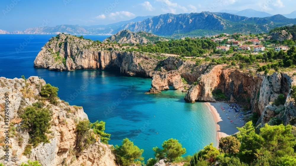 Naklejka premium Turquoise sea and majestic mountains near Antalya, Turkey, creating a stunning coastal landscape. Perfect for travel, adventure, and nature exploration.