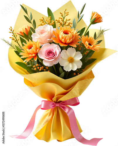 Obraz na płótnie Floral Bouquet, Roses, Daisies, Yellow Wrap, Pink Ribbon, transparent background w salonie