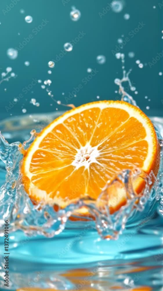 Fresh orange slices plunge into crystal clear water creating a stunning splash effect with dynamic water ripples Fresh orange slices plunge into crystal clear water creating a stunning splash effect with dynamic water ripples