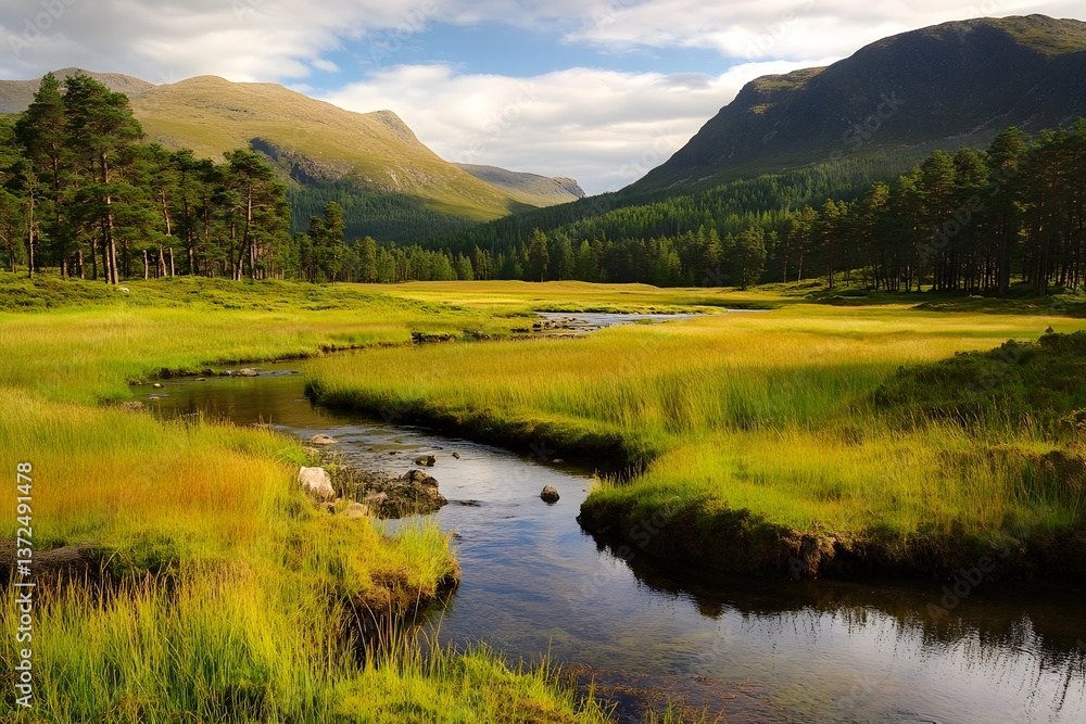 Obraz premium Scenic landscape with winding stream, lush meadow, trees, and mountains
