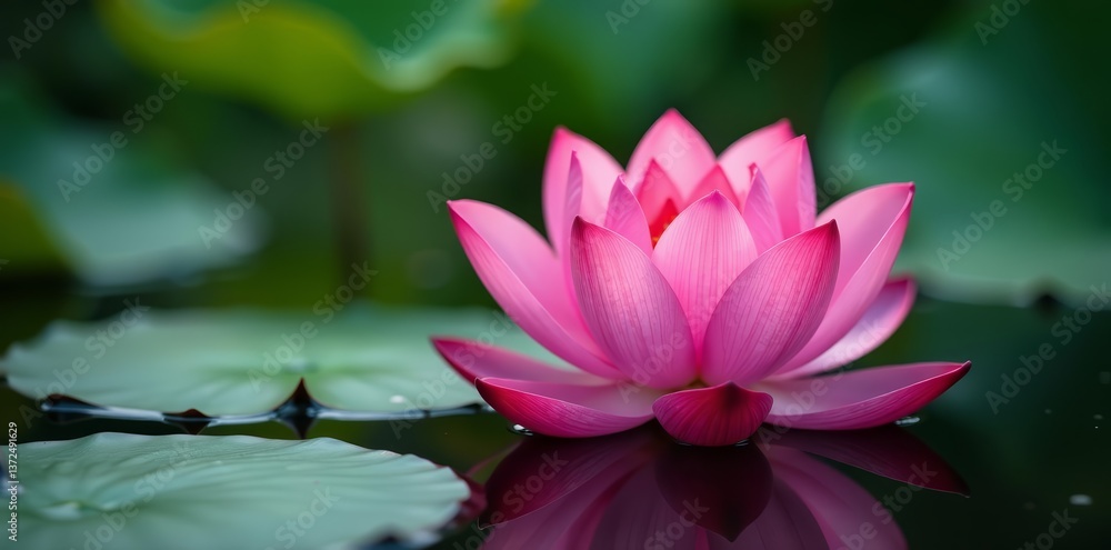 Obraz premium Vibrant pink lotus flower blooming elegantly on still water, beauty, reflection