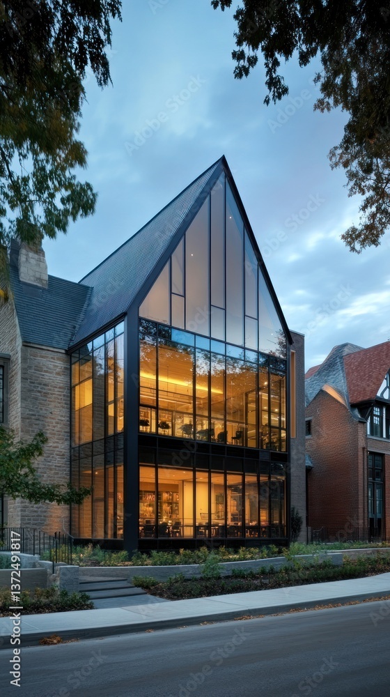 Fototapeta premium Modern architectural structure featuring large windows and visible interior lighting