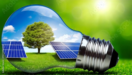 Green energy concept.solar energy.A tree and solar panels inside a light bulb.Concept of sustainable and renewable energy.Illustration of green energy and the fight against global warming.	