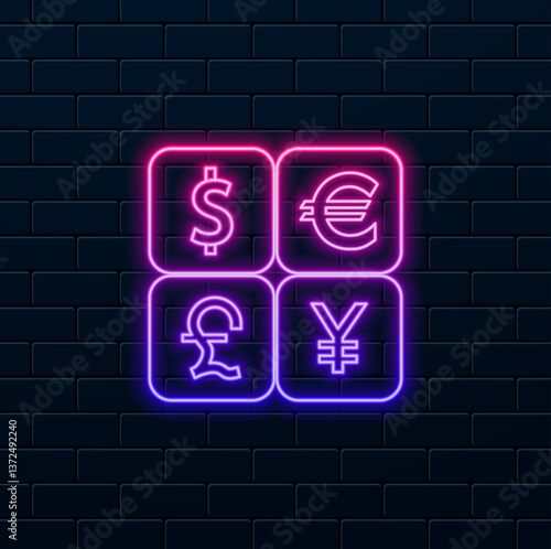 dollar, euro, yen, pound sterling currency. neon style. icon set isolated vector illustration.