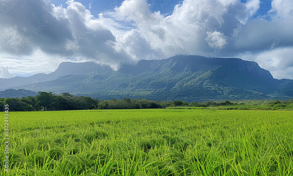 Vast green rice field with mountain views under a cloudy sky, showcasing the beauty of rural landscapes and agricultural scenery Vast green rice field with mountain views under a cloudy sky, showcasing the beauty of rural landscapes and agricultural scenery