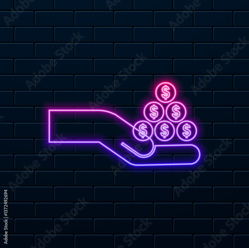 Hand with coins item Receiving dividends from securities Cash payment purchases. neon style. Financial icons Flat style in isolated vector illustration