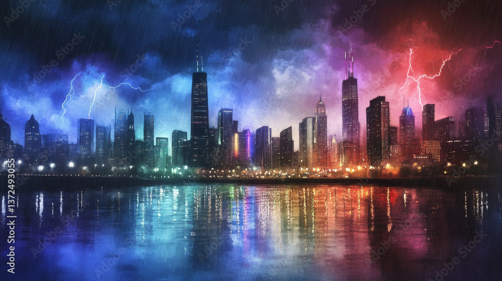 Fototapeta premium vibrant cityscape during thunderstorm, with rain soaked streets reflecting neon lights and dramatic lightning bolts.