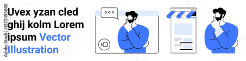 Man contemplating ideas near chat bubble, webpage template, and store design. Ideal for creativity, e-commerce, UXUI, online business, marketing, brainstorming simple landing page