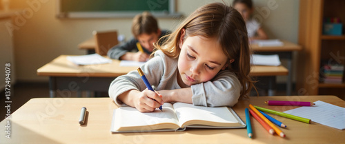 Thoughtful girl writing in notebook at desk in classroom