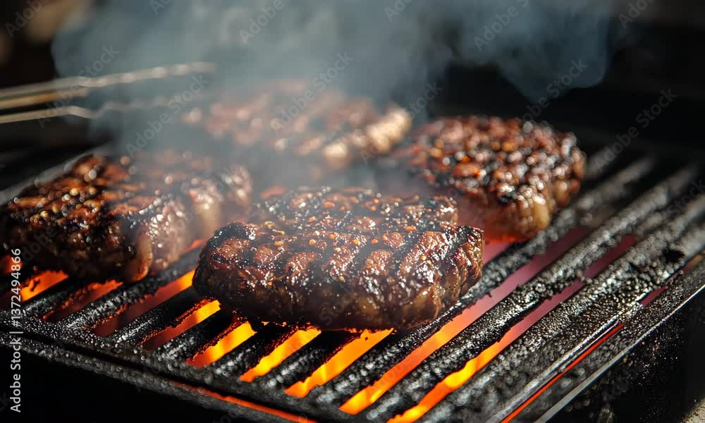 Juicy Beef Steaks Sizzling on an Open Grill with Flames and Rising Smoke Vapors Juicy Beef Steaks Sizzling on an Open Grill with Flames and Rising Smoke Vapors