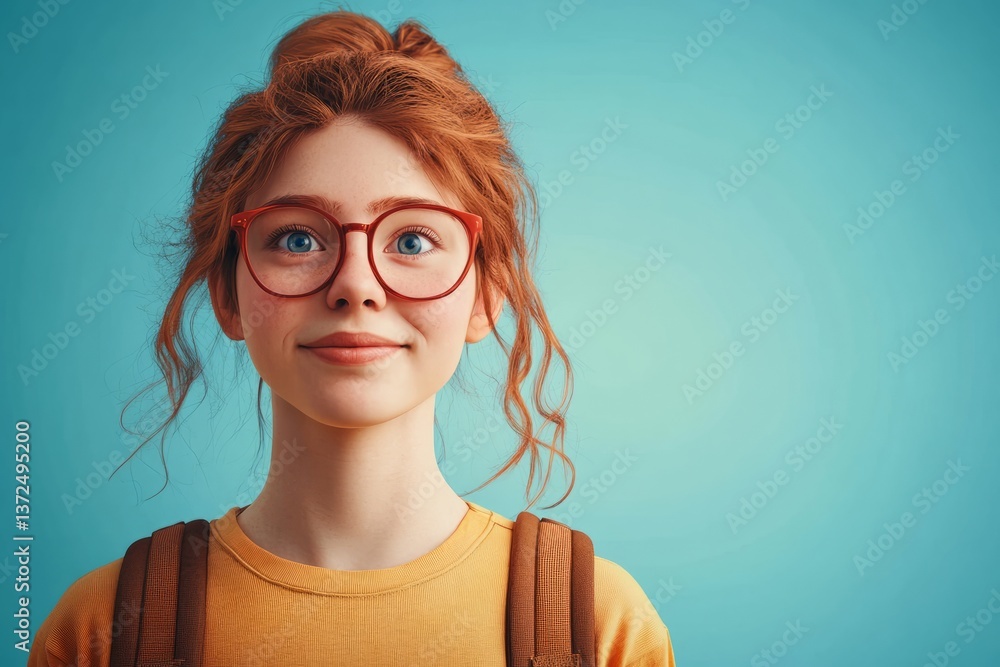 Young girl with curly red hair and glasses smiling against a light blue background in a casual setting