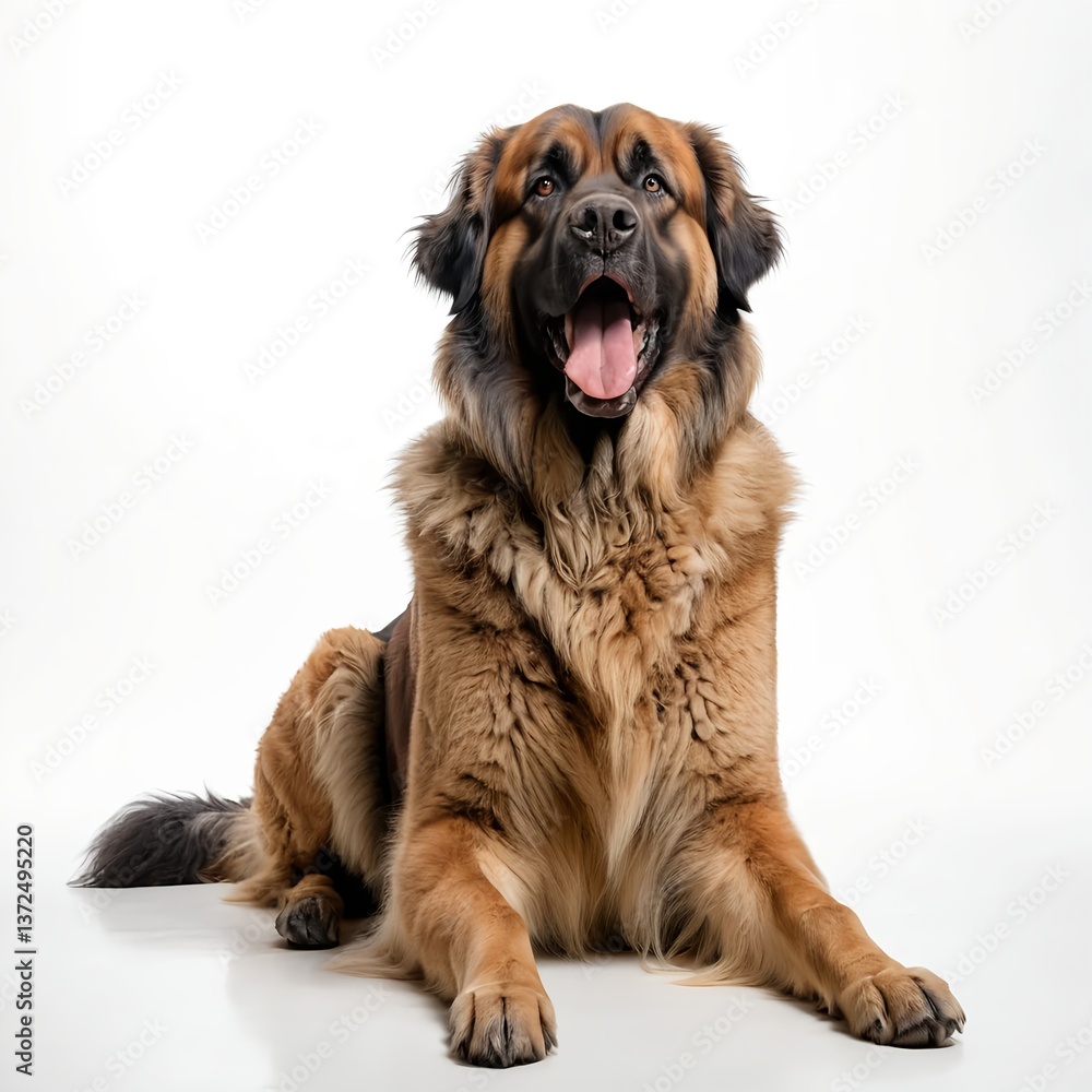Obraz premium Leonberger Dog Lying Down, Happy Expression, White Background