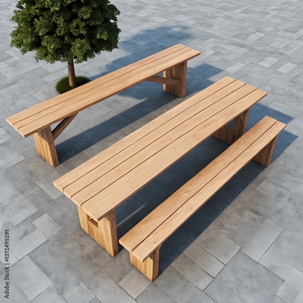 Fototapeta premium Modern Wooden Outdoor Picnic Table and Benches Set on Patio