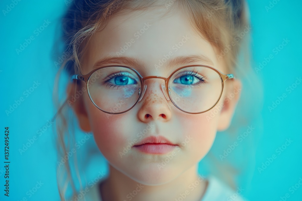 Young girl with glasses poses against a bright blue background showcasing clear blue eyes and a thoughtful expression