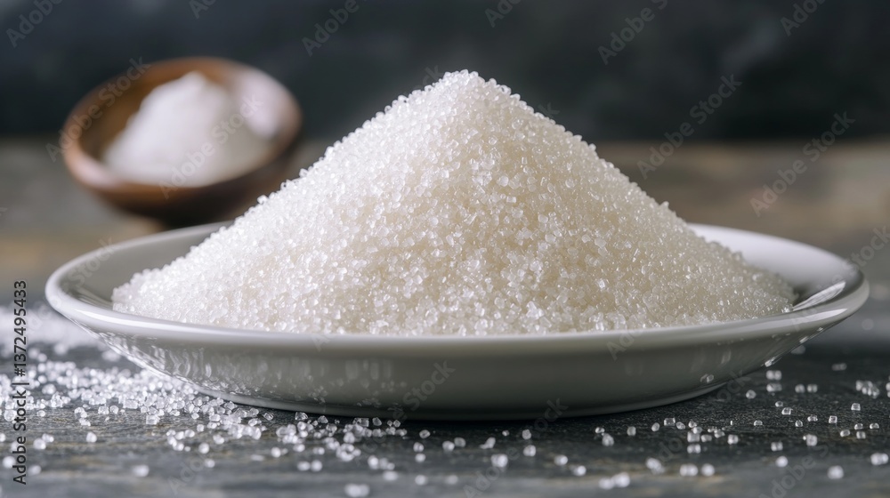 High resolution image of sugar granules scattered across a white plate High resolution image of sugar granules scattered across a white plate