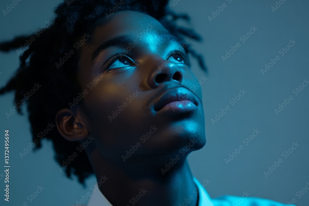 Young individual gazing upward with thoughtful expression in soft blue lighting